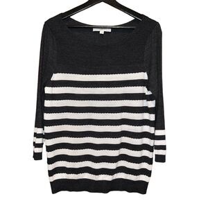 LOFT Sweater Womens L Wool Blend Grey‎ White Striped Round Neck
